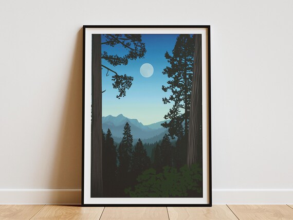 Sequoia National Park Giant Redwood Trees Moonlit Mountain Night Art Poster