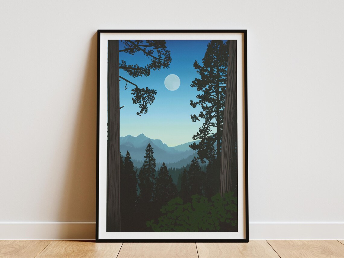 Sequoia National Park Giant Redwood Trees Moonlit Mountain Night Art Poster