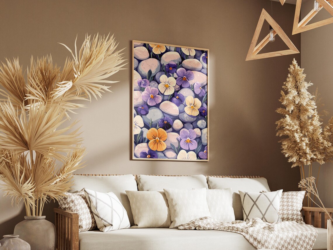 Pansy Flowers Among Pebbles Purple White Yellow Bloom Poster - Image 3