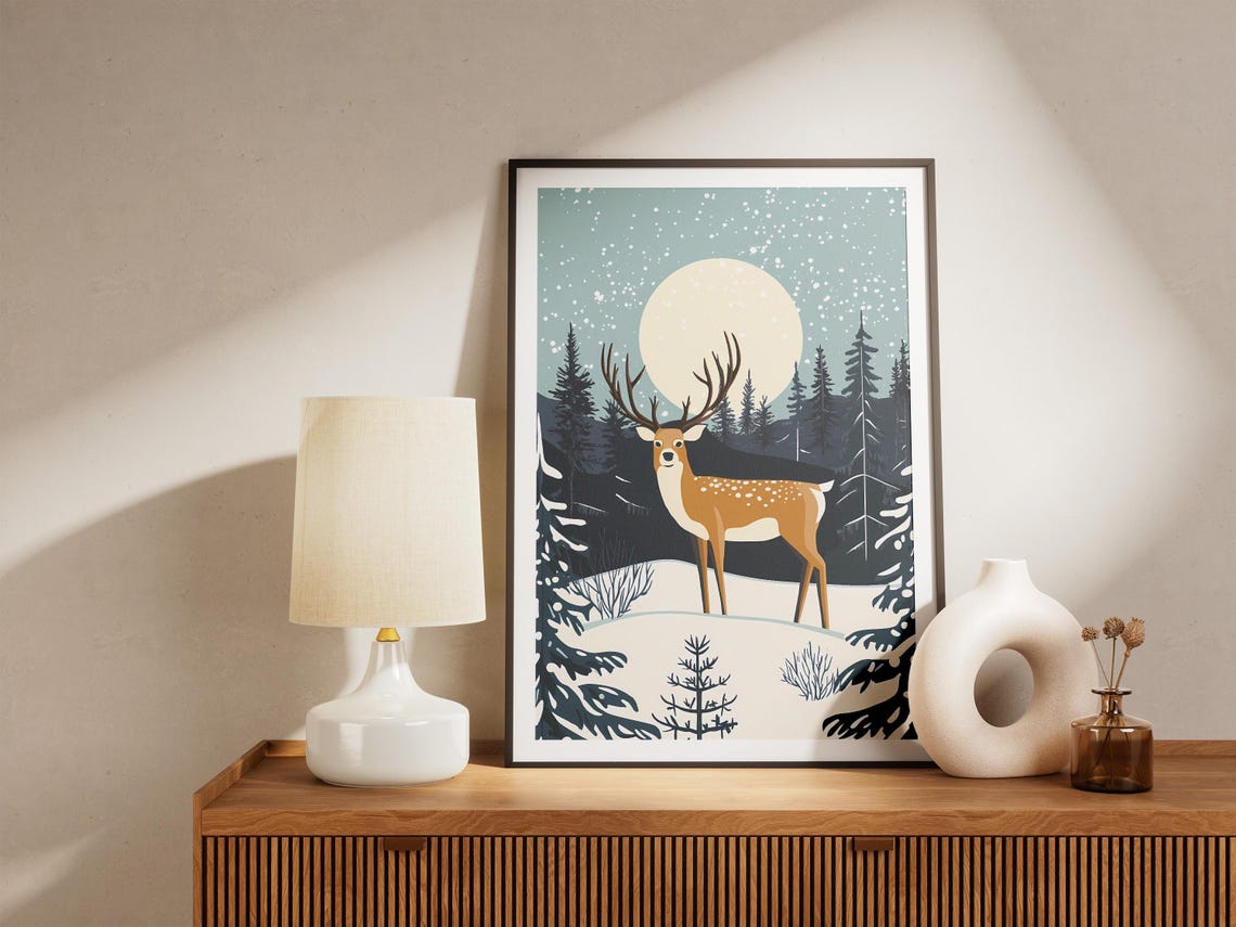 Lapland Winter Forest Deer under a Large Pale Moonlight Art Poster - Image 5