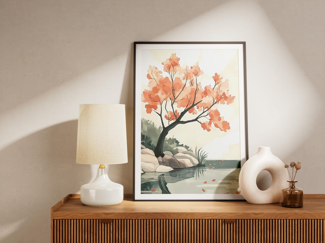 Japanese Cherry Blossom Tree by Pond Watercolor Sakura Art Poster - Image 4