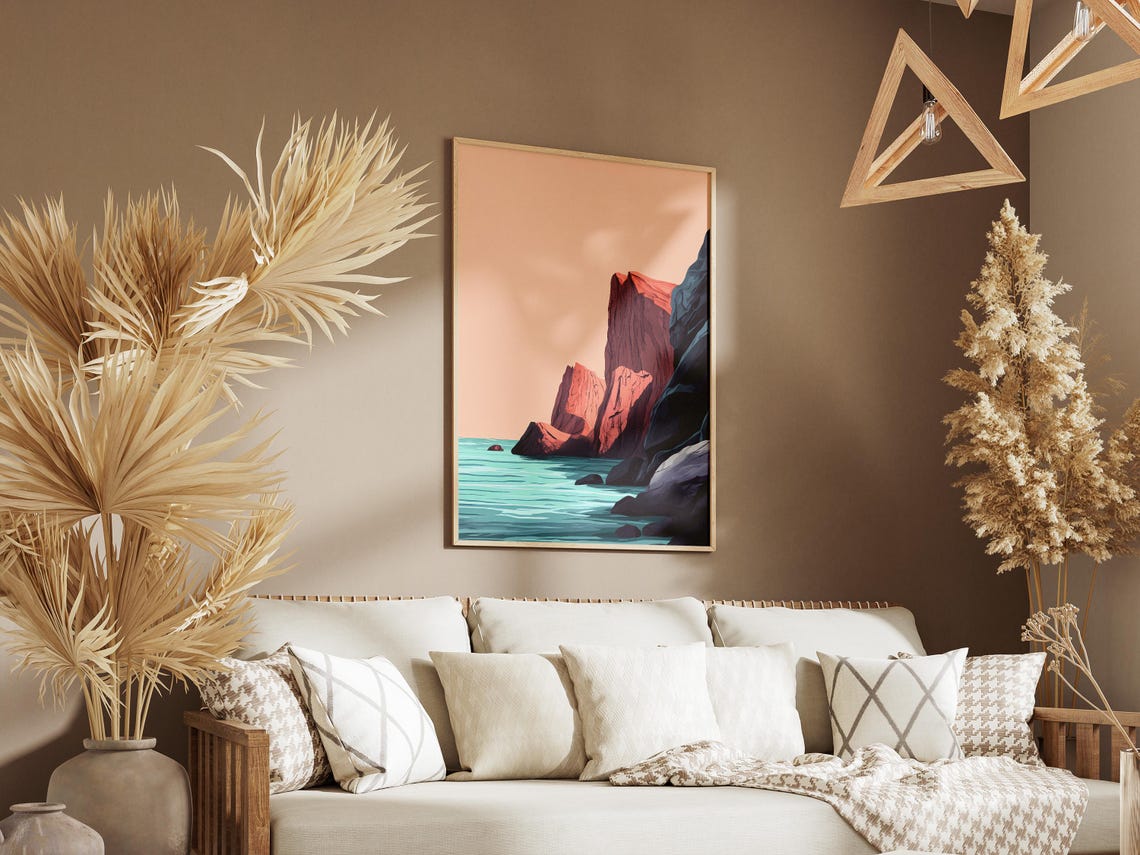 Red Rock Cliffs Over Turquoise Sea Minimalist Coastal Poster - Image 3