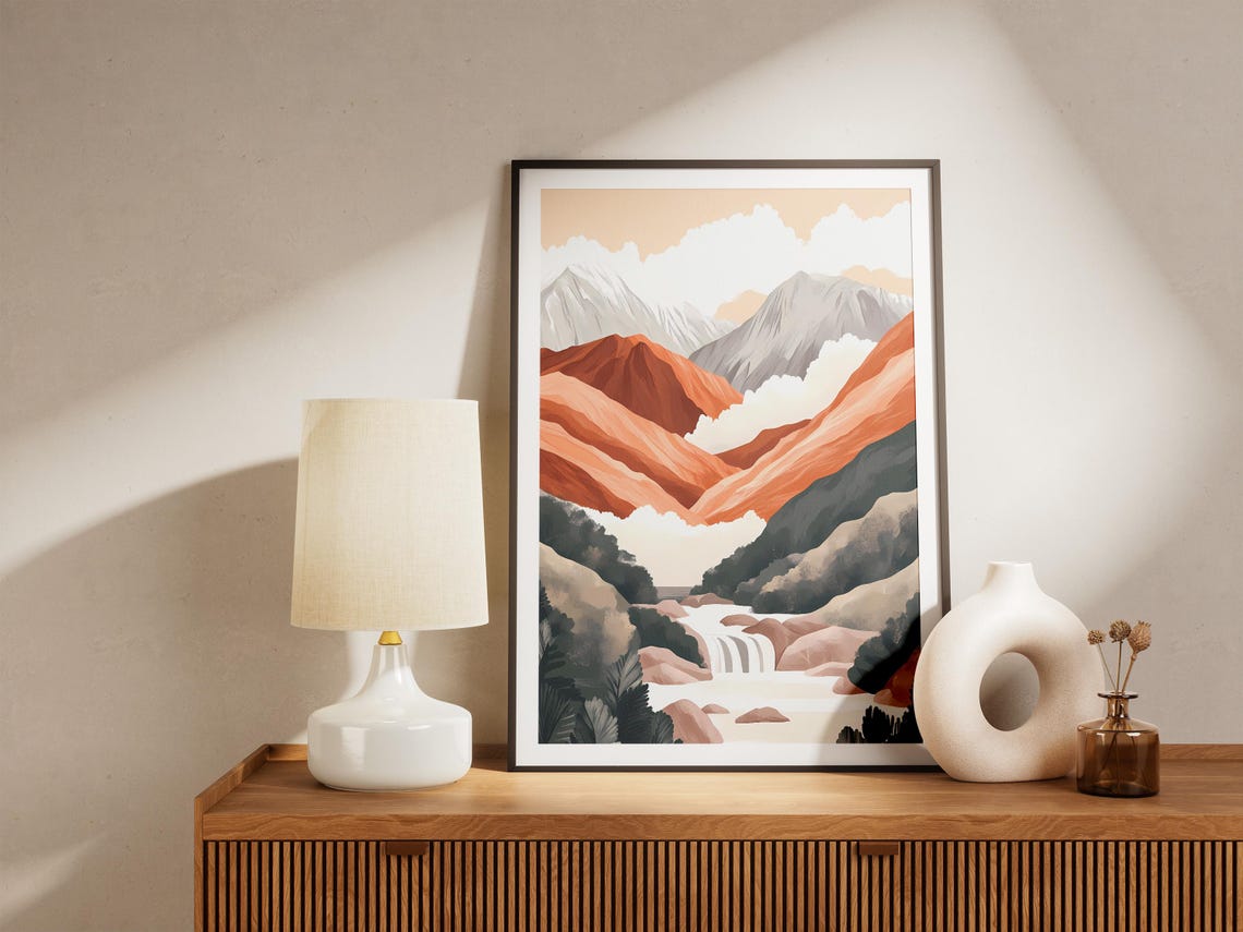 Mountain Range Waterfall Posterabstract Landscape Print Modern Minimalist Wall Artnature Decorhome Decororange And Gray Toneswaterfall - Image 5