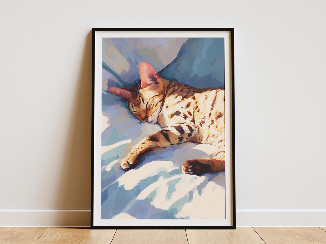 Savannah Kitten Sleeping in Sunlight on Blue Sheets Cat Art Poster