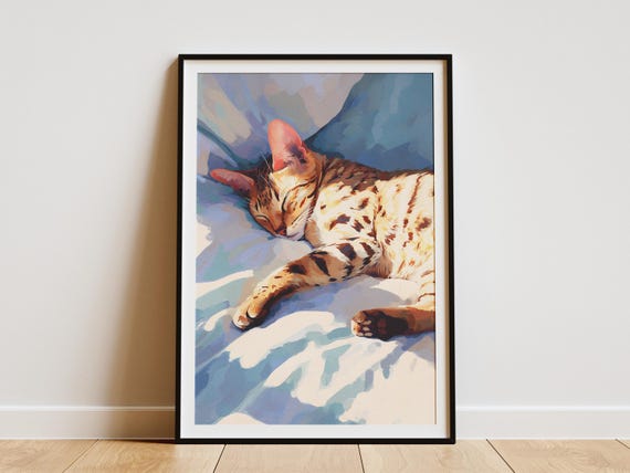 Matisse Style Savannah Kitten Cat Sleeping Art Print Cozy Bedroom Wall Decor Feline Abstract Modern Pet Lover Gift Poster
