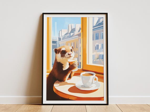 Ferret Cafe Matisse Style Poster Animal Art Print Coffee Lover Gift Cozy Home Decor Whimsical Wall
