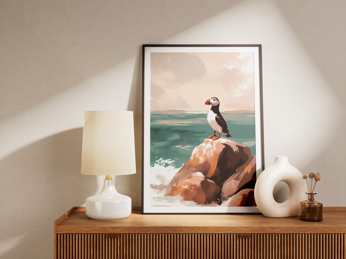 Puffin on Coastal Rocks with Crashing Waves Seabird Art Poster - Image 5