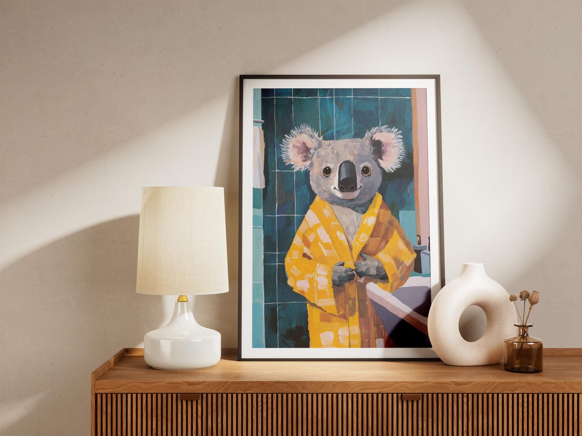Cute Koala In A Yellow Bathrobe Against Dark Teal Tiles Poster - Image 5