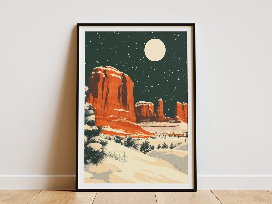 Arches National Park Winter Snow Poster Vintage Travel Poster National Park Art Print Snow Landscape Festive Holiday Decor Red Rock Canyon