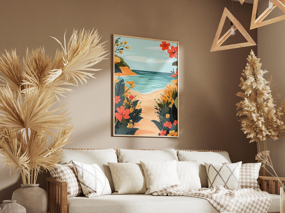 Beach Path Through Tropical Flowers Summer Coastal Illustration Poster - Image 3