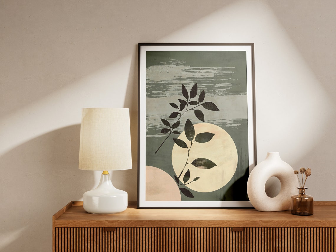 Dark Botanical Leaves and Cream Moon Shapes Sage Abstract Print - Image 2