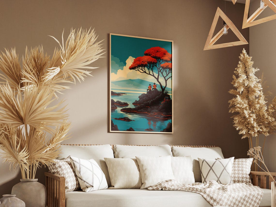 Vintage Guitarists Red Tree Rocky Coast Ocean Travel Sunset Poster - Image 3