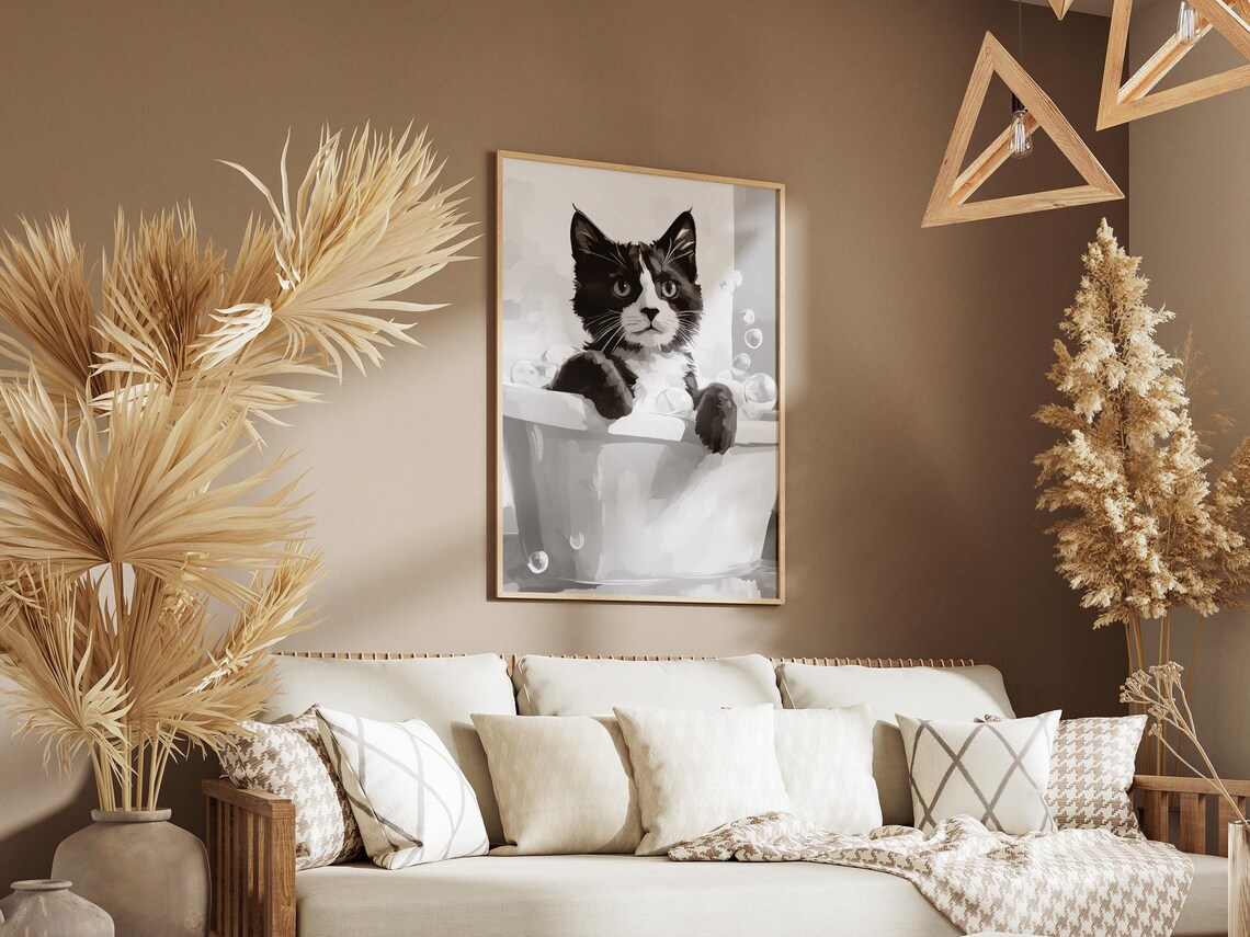 Adorable Cute Tuxedo Cat Bubble Bath Minimalist Kitten Poster - Image 3