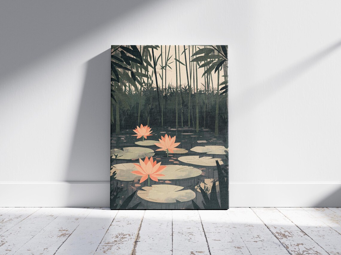 Bamboo Forest Pond Peach Lotus Lily Pads Asian Zen Art Poster - Image 2
