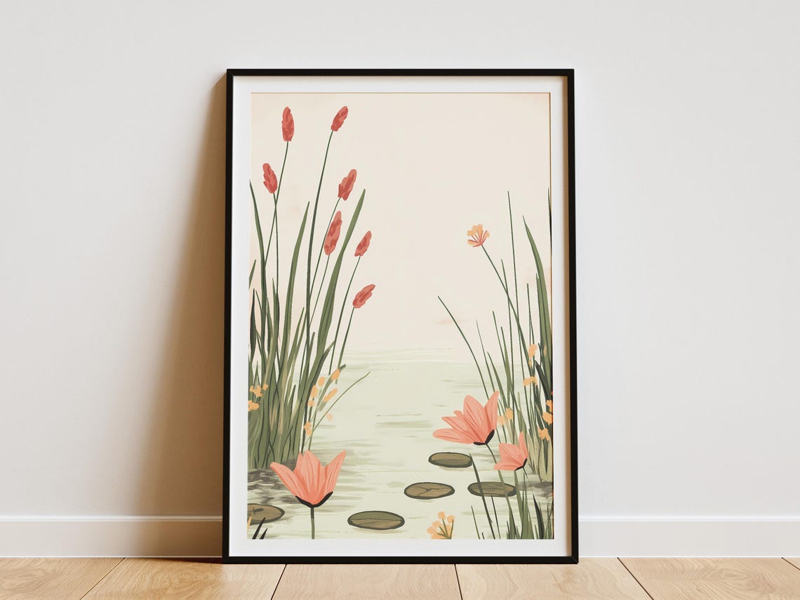 Pink Water Lilies and Cattails Serene Pond Botanical Art Poster
