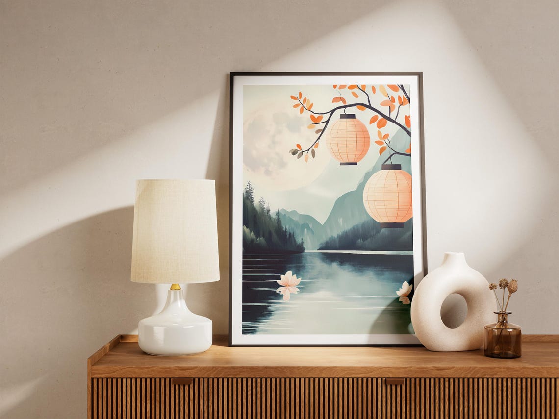 Paper Lanterns Over a Moonlit Lake With Lotus Flowers Poster - Image 5