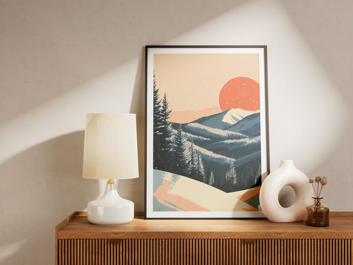 Winter Mountain Landscape Posterabstract Nature Art Printmodern Minimalist Wall Decorforest Scenesnow Mountain Rangeorange Sunsetcozy Home - Image 5