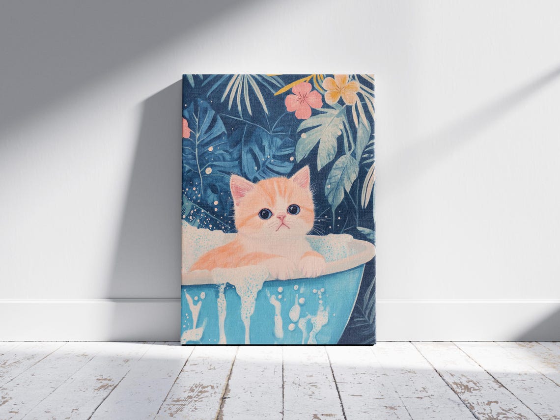 Orange Kitten Bubble Bath Dark Tropical Floral Leaves Art Poster - Image 2