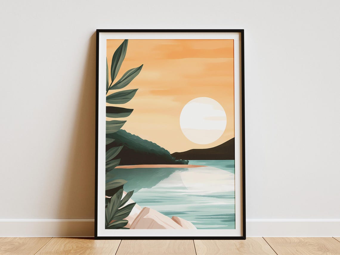 Minimalist Sunset Over A Calm Lake With A Big Glowing Sun Poster