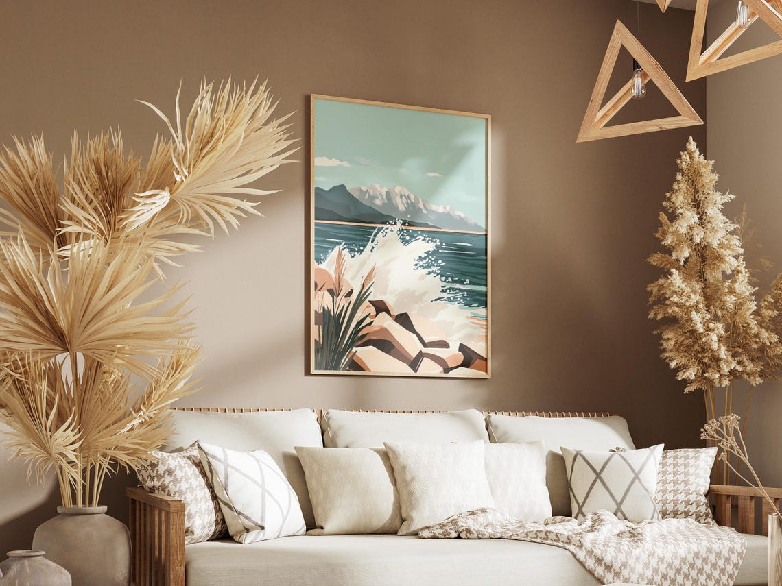 Ocean Wave Crashing Rocky Shore Snowy Mountains Scene Poster - Image 3