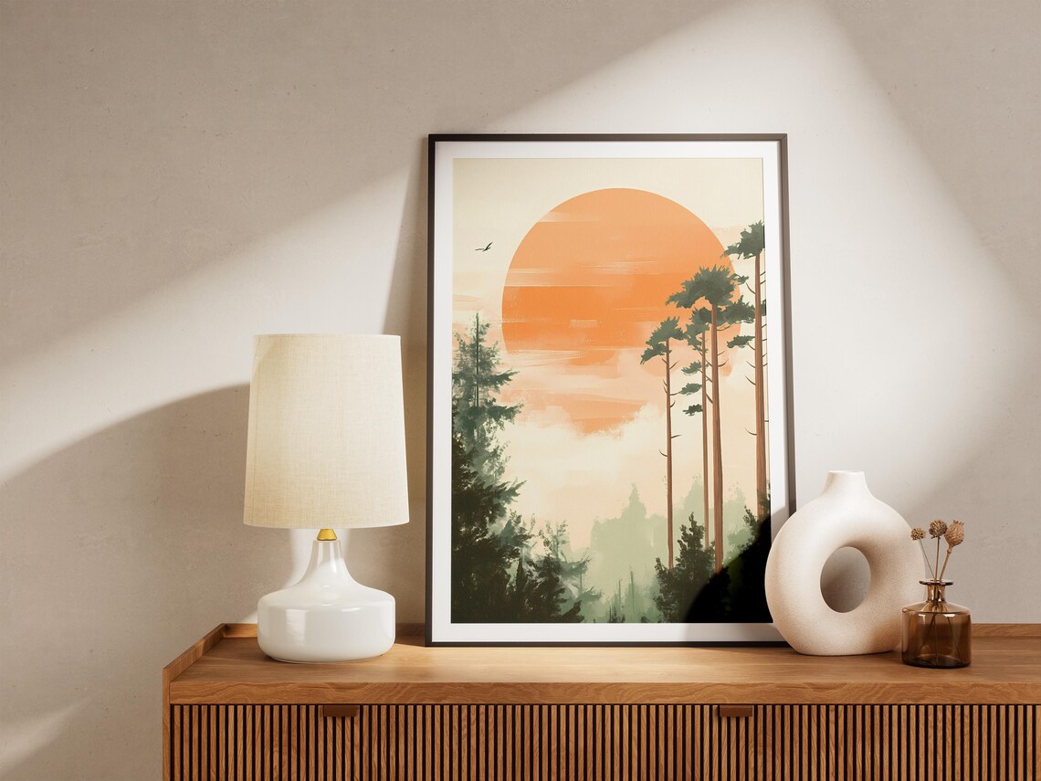 Big Orange Sun Rising Above Misty Pine Forest Landscape Poster - Image 5