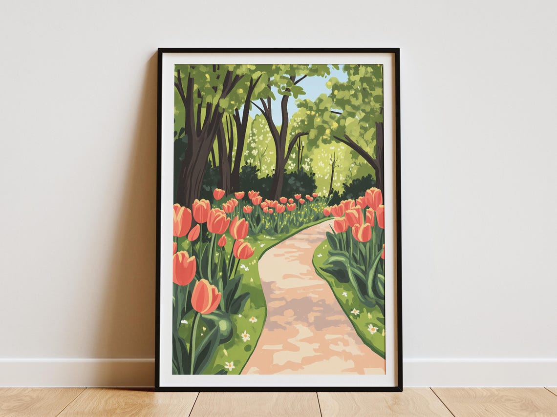 Orange Tulips Along Winding Park Pathway Spring Flower Poster