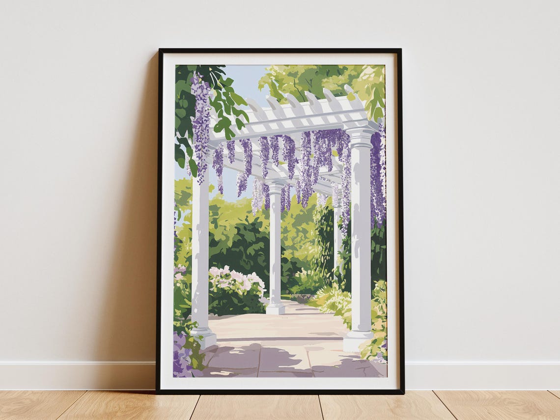Purple Wisteria Cascading Over a White Garden Pergola Poster