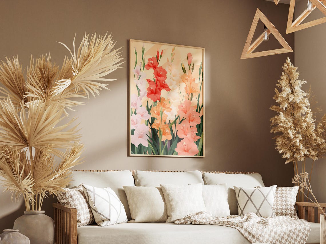 Coral Gladiolus Spikes Tall Elegant Modern Botanical Flower Poster - Image 3