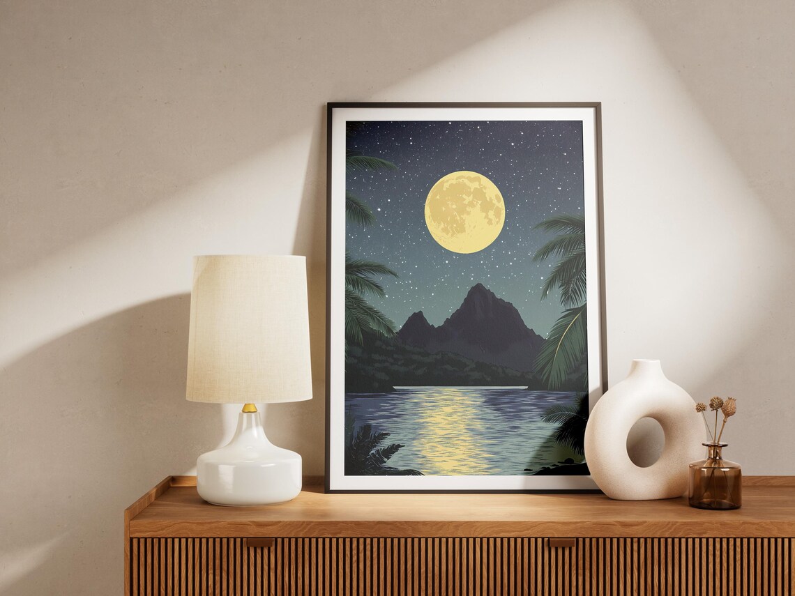 National Park of American Samoa Moonlit Bay Palm Trees Tropical Night Poster - Image 4