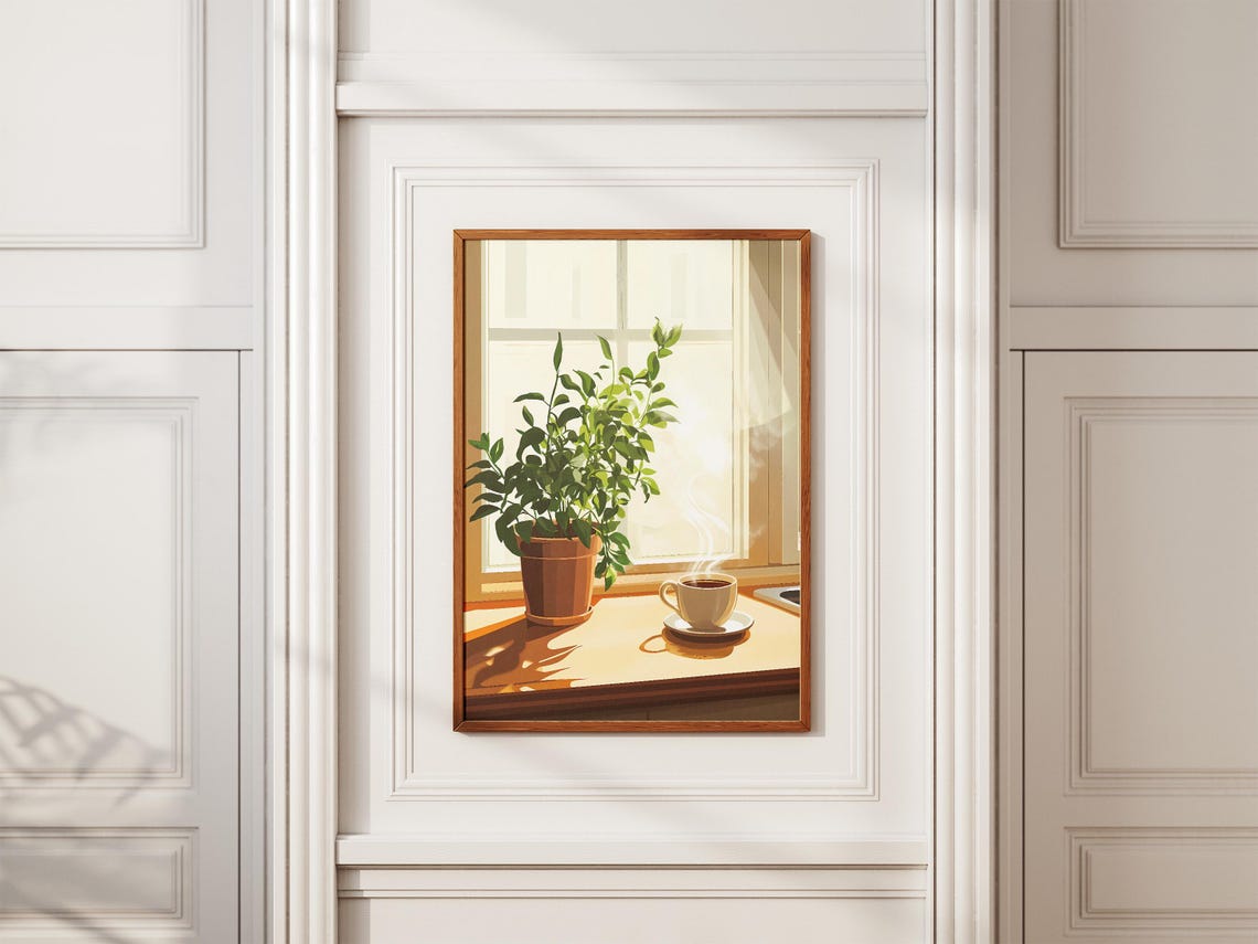Sunlit Windowsill With Potted Plant And Steaming Tea Cup Poster - Image 2