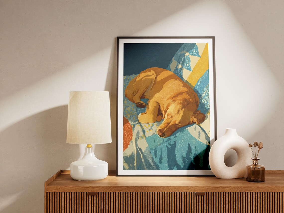 Sleeping Golden Retriever on Quilt Matisse Style Pet Portrait Art Poster - Image 4