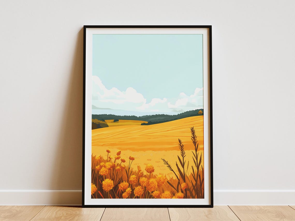 Golden Meadow With Marigold Flowers Poster Rolling Hills Sky