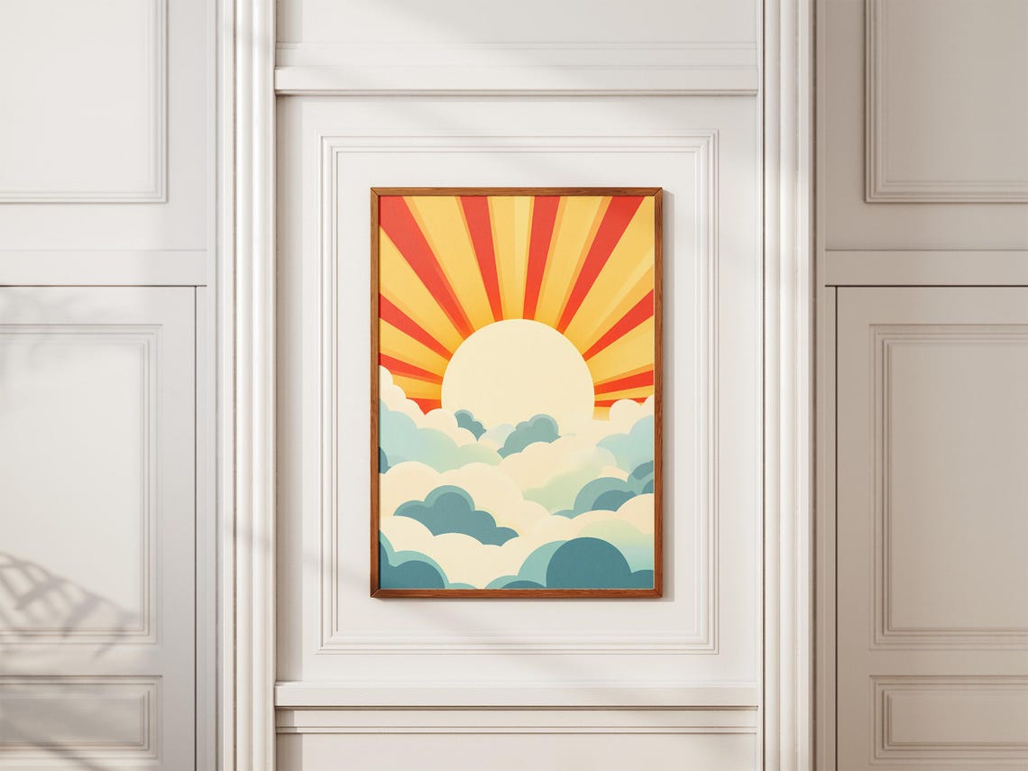 Retro Sunburst Sunrise Rising Over Layered Blue Clouds Poster - Image 2