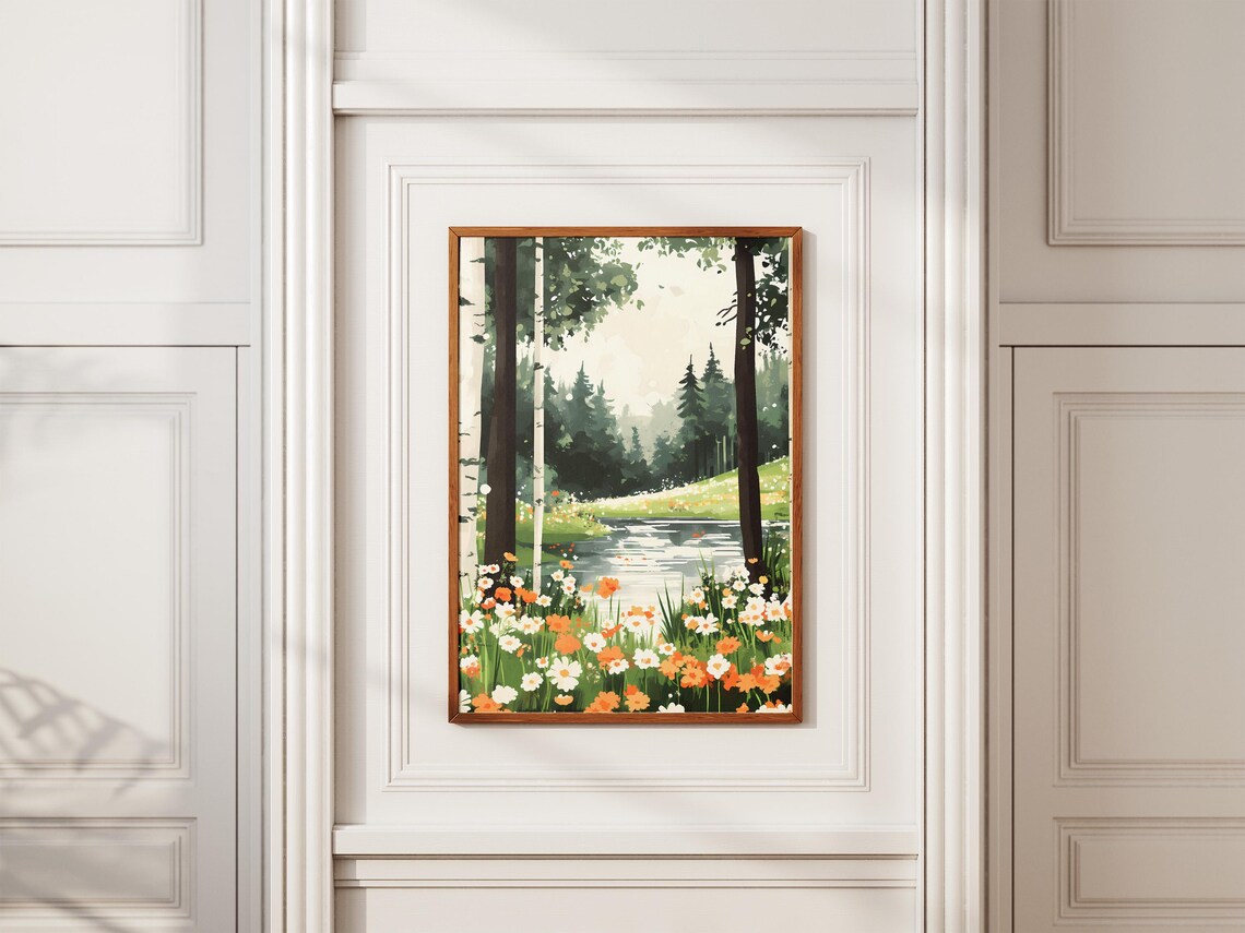 Birch Forest River With Orange And White Wildflowers Spring Poster - Image 2
