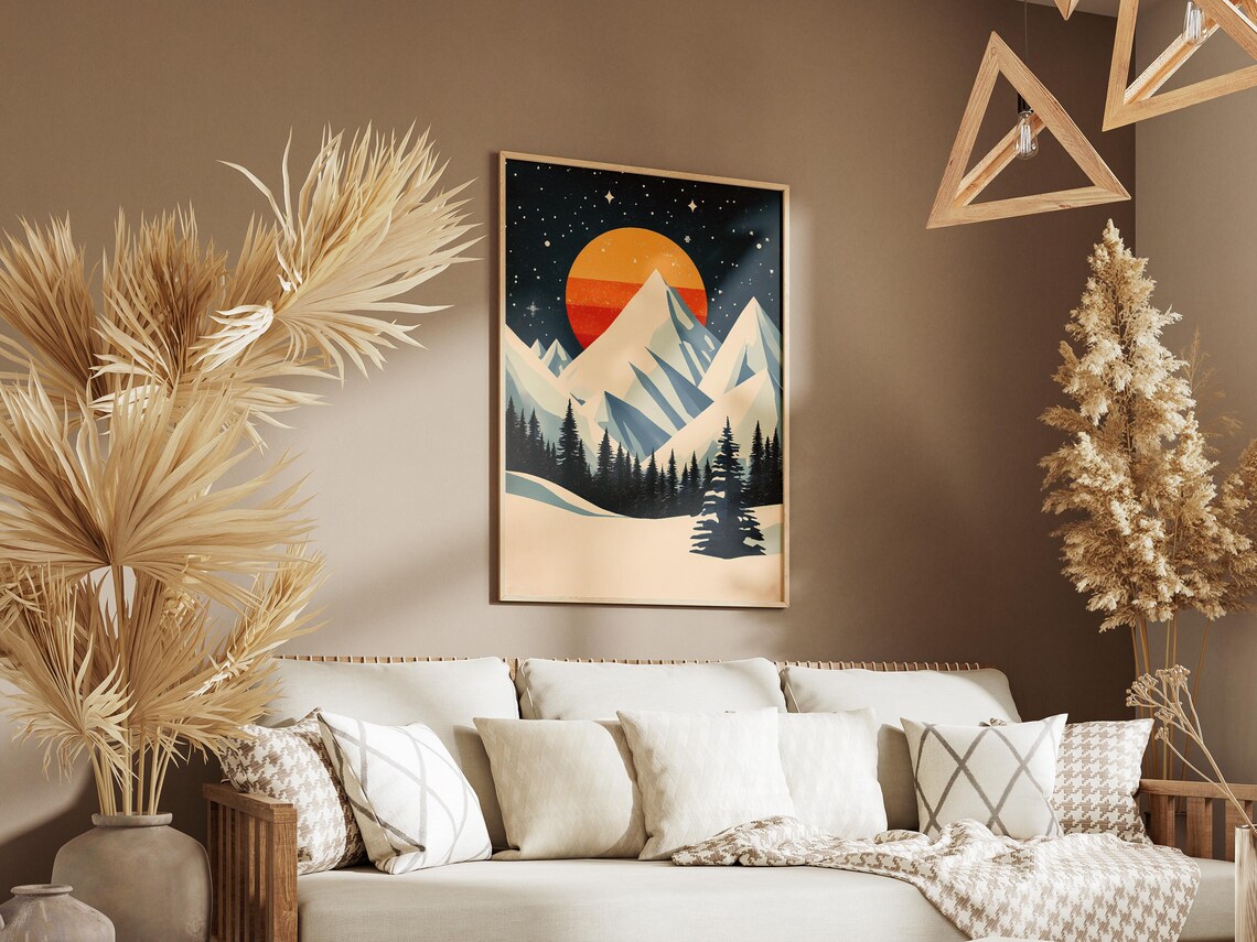 Snowy Geometric Peaks Under a Striped Orange Sun and Starry Sky Poster - Image 3