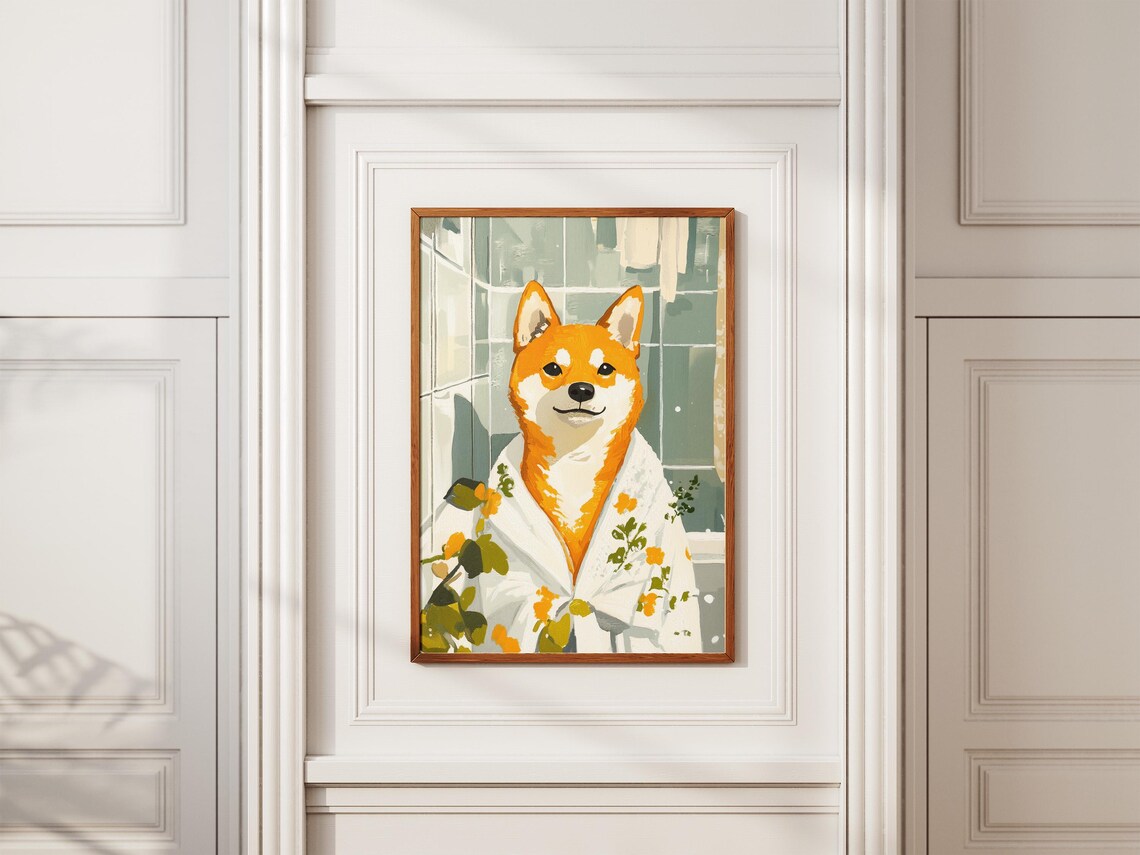 Smiling Shiba Inu Floral Bathrobe Spa Day Dog Artwork Poster - Image 2