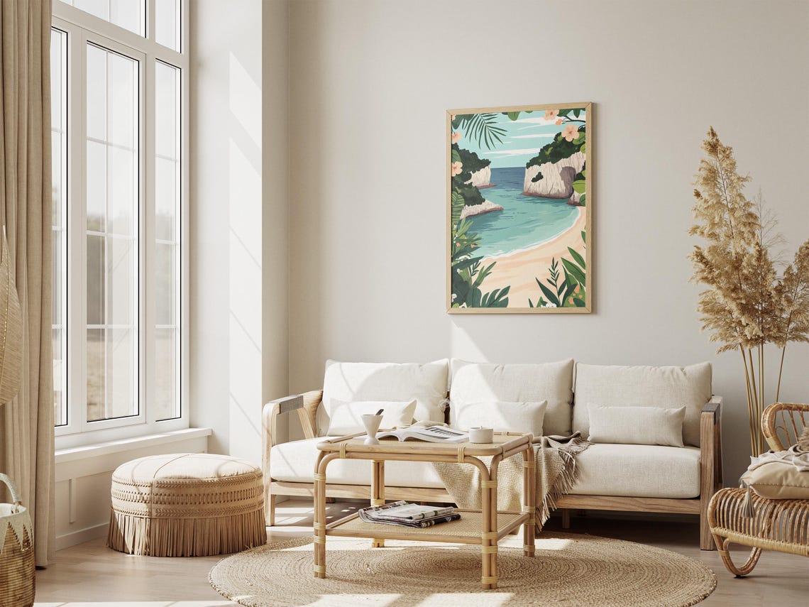 Tropical Beach Cove Between Limestone Cliffs Flower Border Poster - Image 4