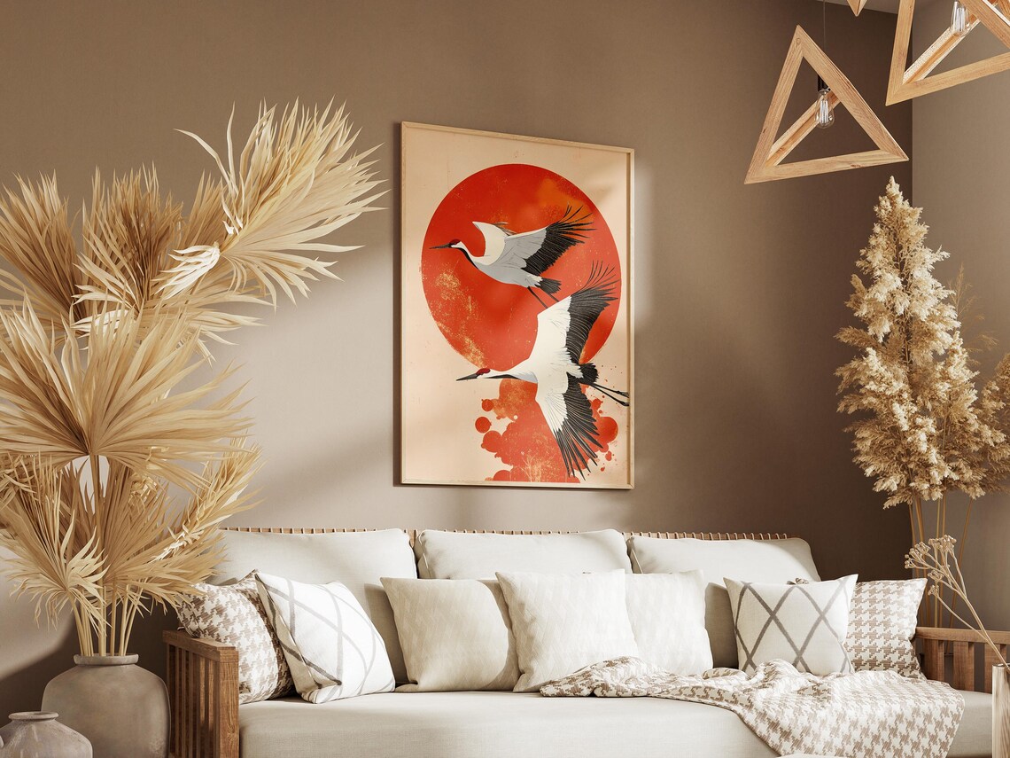 Cranes In Flight Before Red Sun Japanese Woodblock Art Poster - Image 3
