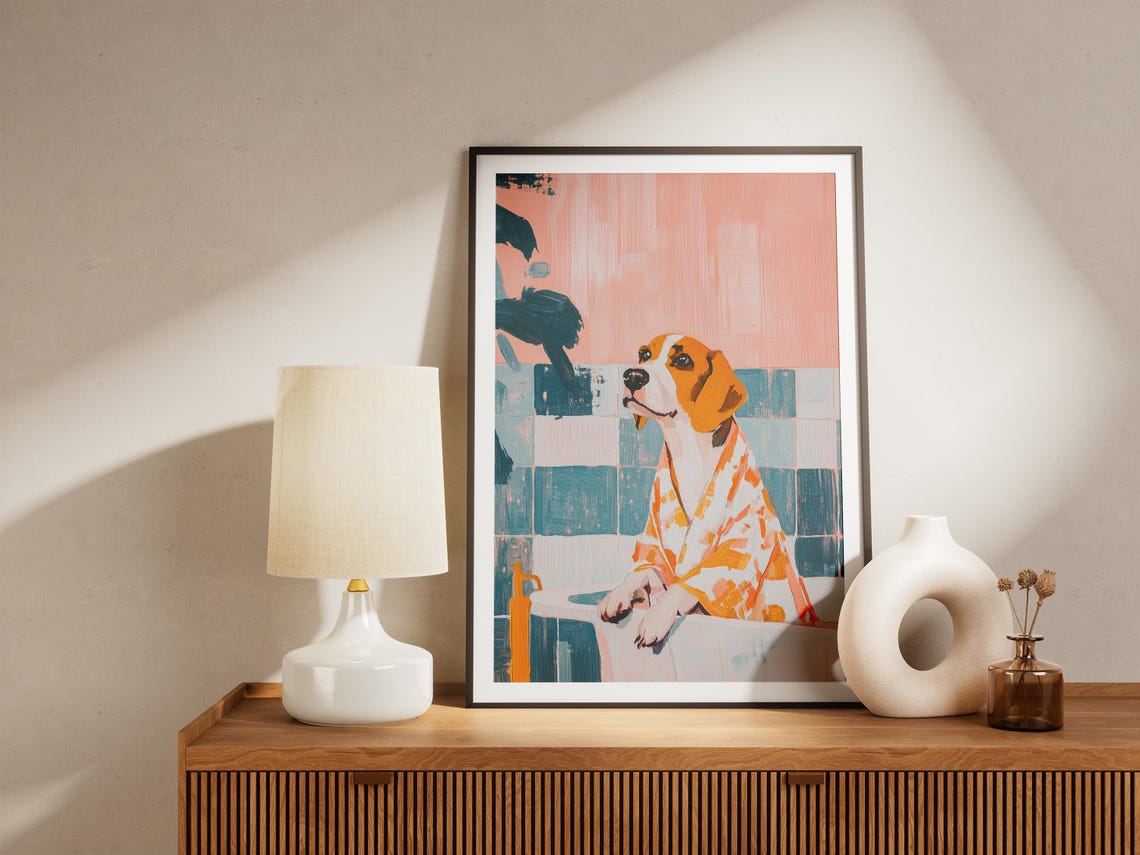 Beagle Dog Tying On a Bright Orange Patterned Bathrobe Poster - Image 5