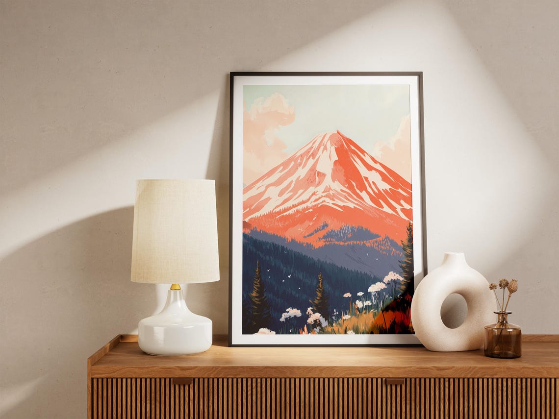Red Sunrise Volcanic Peak Dark Forest Wildflower Scenic Poster - Image 5