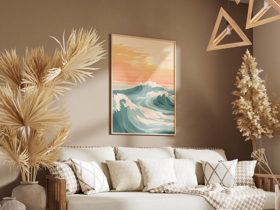 Teal Ocean Waves Under a Peach Sunset Sky Coastal Art Poster - Image 3