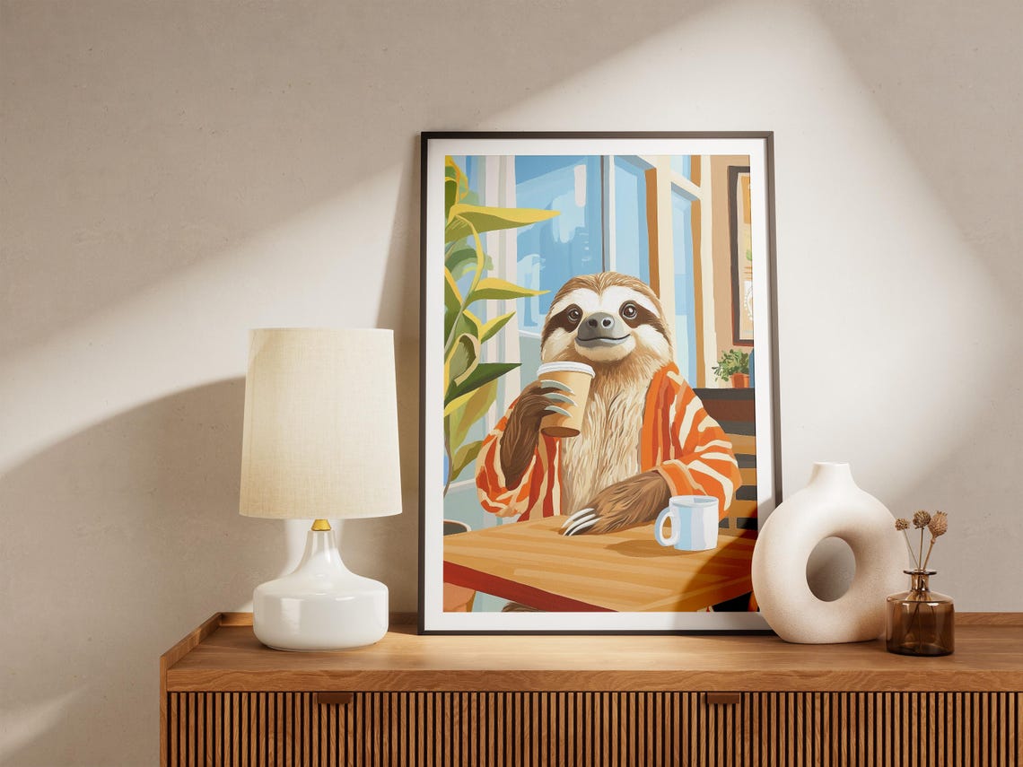 Sleepy Sloth in a Striped Robe with Takeaway Coffee Morning Poster - Image 4