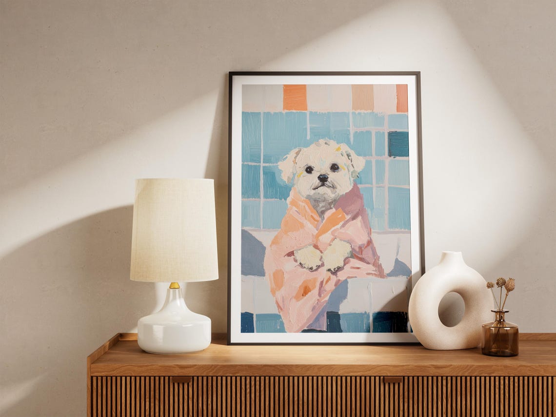 Small White Dog Wrapped In Pink Towel Poster Cute Pet Bathroom Art - Image 4