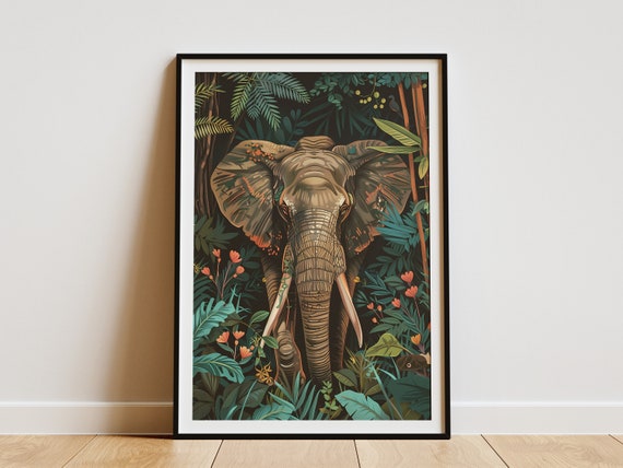 Jungle Elephant Poster Tropical Animal Art Print Nature Wall Decor Wildlife Decor Home Decor Botanical Illustration