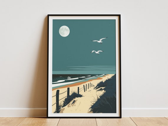 North Carolina Outer Banks Beach Poster Print Seagull Night Sky Ocean Landscape Art Print
