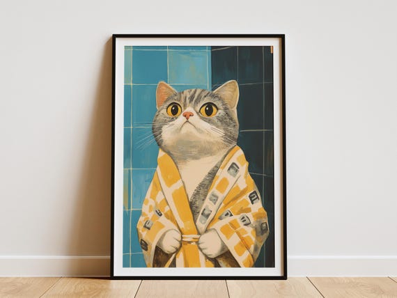 Scottish Fold Cat Art Print Bathroom Wall Decor Pet Portrait Animal Poster Novelty Bath Robe Lover Gift Funny Feline