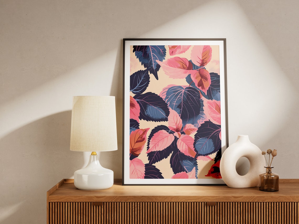 Colorful Pink and Blue Leaves Pattern Abstract Botanical Art Poster - Image 2