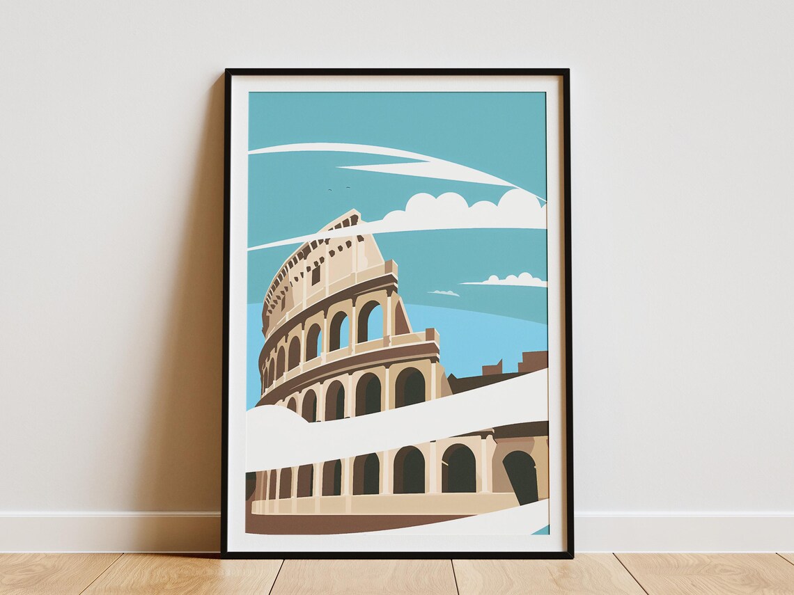 Colosseum Rome Minimalist Travel Poster with Clouds and Blue Sky