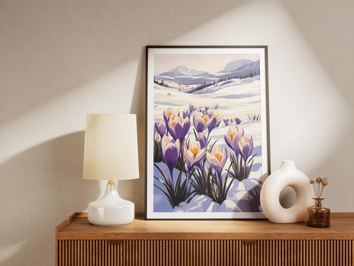 Close-Up Purple Crocus Blooms in Snow With Mountain Peaks Art Poster - Image 5