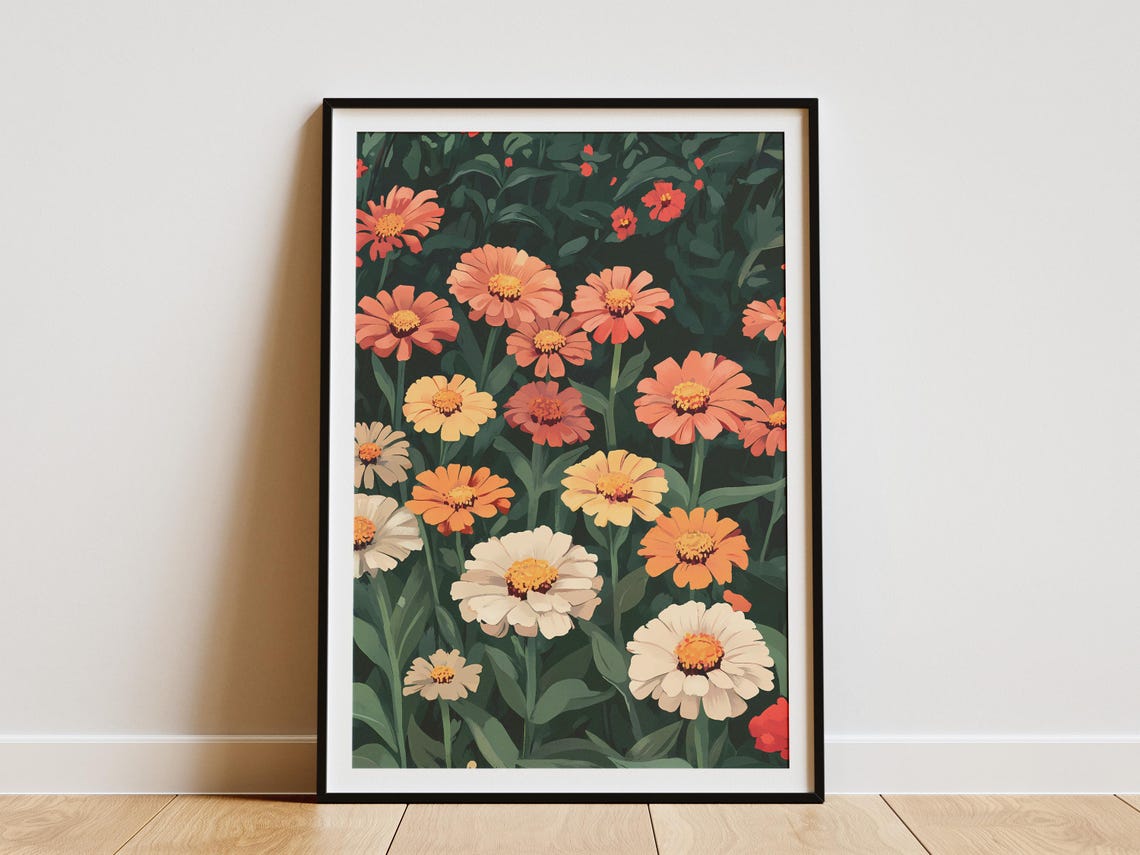 Colorful Zinnias Blooming in Orange Pink Yellow and Cream Poster